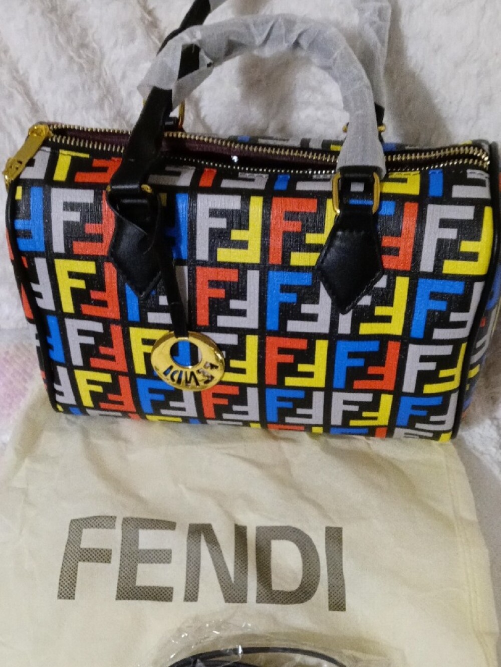 Fendi Multicolor FF Pattern Boston Bag with Black Trim - Picture 3 of 13